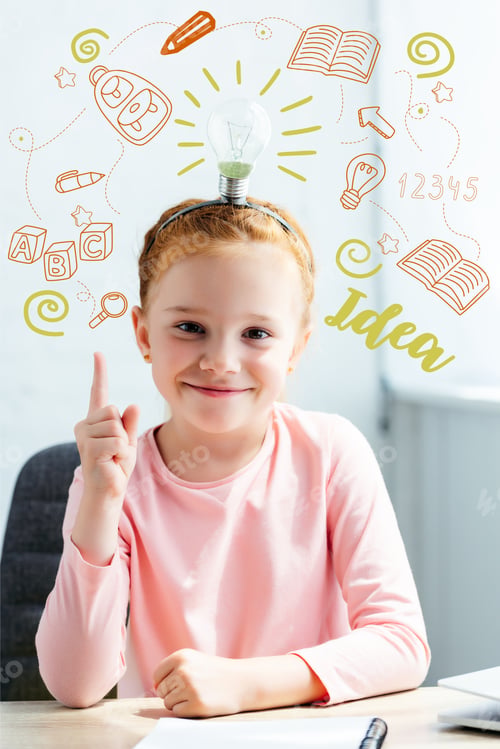 Preview: beautiful schoolgirl pointing up on light bulb on head with idea and icons