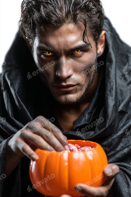 Preview: Dracula-Mysterious figure in a dark hooded cloak, offering treats in a pumpkin bucket.