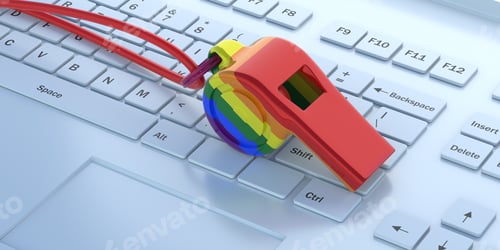 Preview: Gay pride rainbow flag whistle on white computer background. 3d illustration