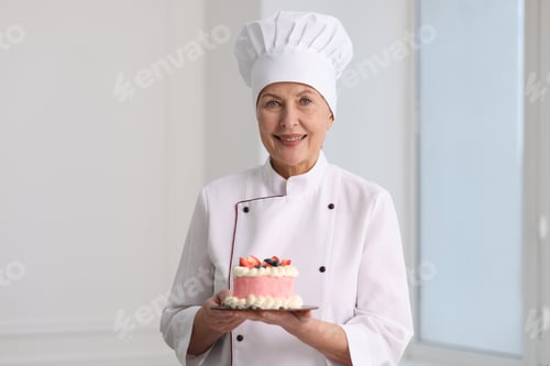 Preview: Professional pastry chef with cake in kitchen