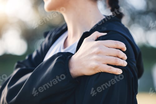 Preview: Closeup, shoulder pain and woman with stress, burnout and muscle tension with girl outdoor. Fitness