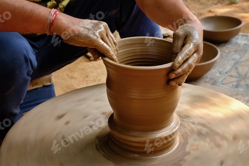 Preview: Indian potter hands at work, Shilpagram, Udaipur, Rajasthan, India