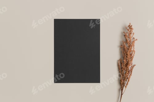 Preview: Invitation black card mockup with dry flower. 5x7 ratio, similar to A6, A5.