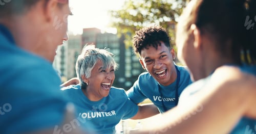 Preview: Volunteer, people and team in circle outdoor for synergy, laugh and park donation. Charity, group o