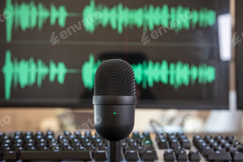 Preview: Black condenser microphone, mic blur turquoise waveform background.