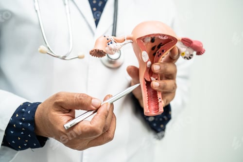 Preview: Uterus, doctor holding anatomy model for study diagnosis and treatment in hospital.