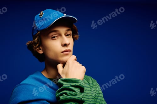 Preview: Young man showcases modern fashion in vibrant blue backdrop while striking a thoughtful pose