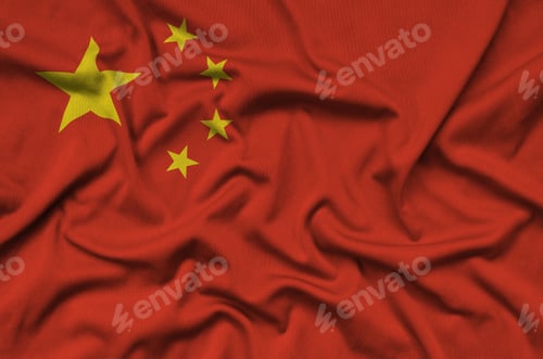 Preview: China flag is depicted on a sports cloth fabric with many folds. Sport team waving banner