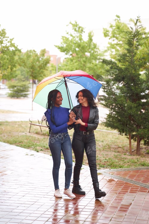 Preview: Two women walking down the street on a rainy day under a multicolored umbrella.