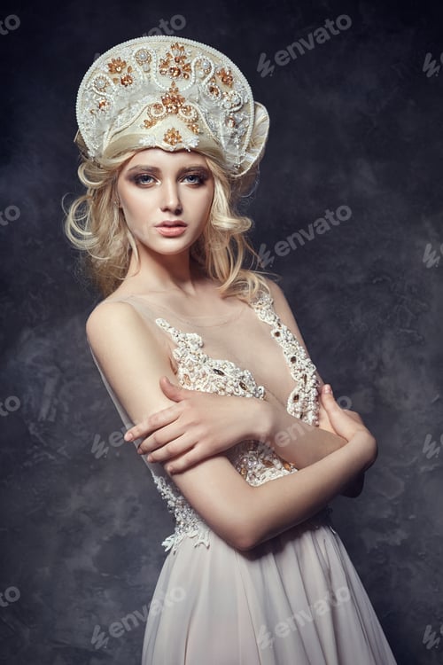 Preview: Tiara crown on head blonde girl. Woman in fairy dress, mysterious magical fairy.