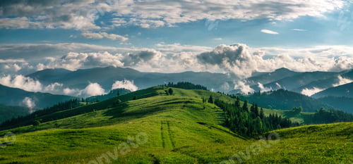 Preview: Green mountain hills at sunny day with beautiful cloud