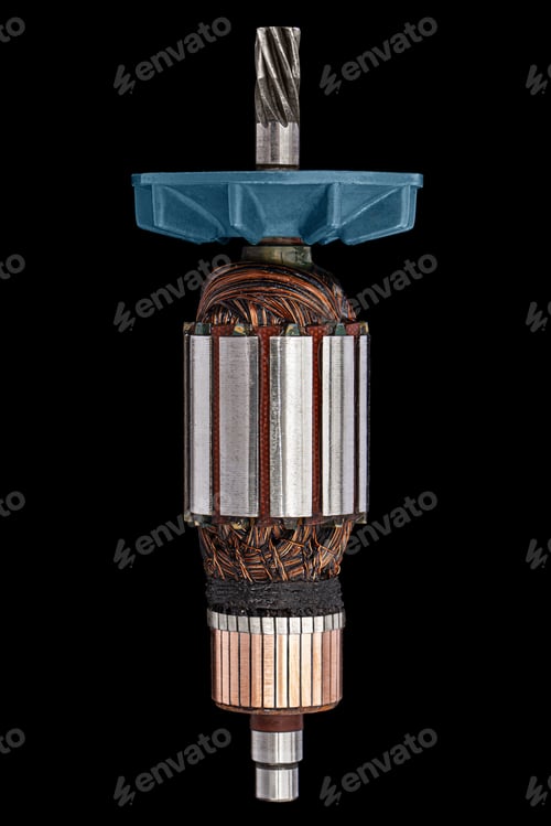 Preview: Rotor or of anchor electric motor closeup, isolated on black background