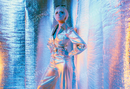 Preview: Space Woman Wearing Jump Suit And Sunglasses. Standing In Reflective Solar Room.
