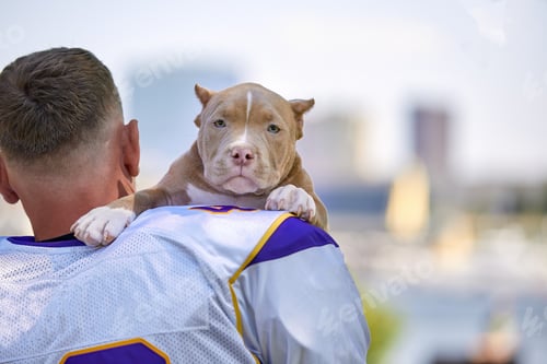 Preview: American football player with a dog posing on camera in a park. Copy space, sports banner. Concept
