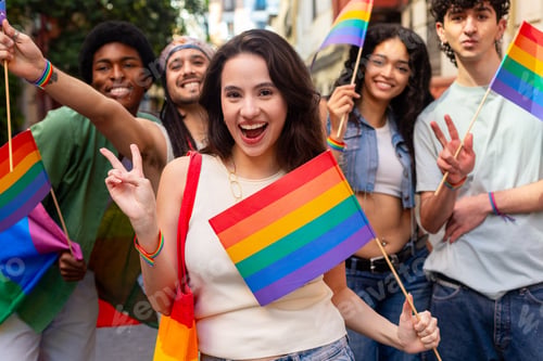Preview: Young activists celebrating with rainbow flags at pride parade