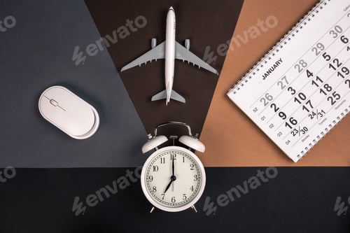 Preview: White alarm clock, computer mouse, calendar and airplane model, top view.