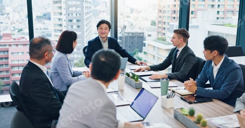 Preview: Employees, finance coworking and office meeting for review, communication and teamwork in Japan. Bu