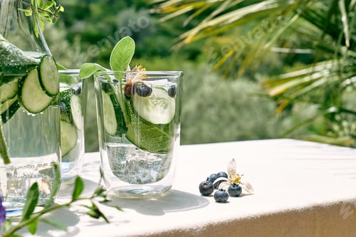 Preview: Refreshing summer drink - cucumber infused water with ice, sage, cucumber and lemon blossom
