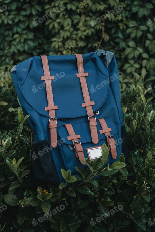 Preview: Selective focus shot of a blue backpack in the garde