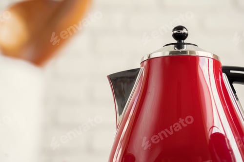 Preview: Vintage style red electrical teapot in kitchen interior