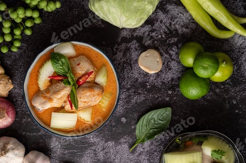 Preview: Chicken curry with winter melon, with mushroom, garlic, chilli and basil.