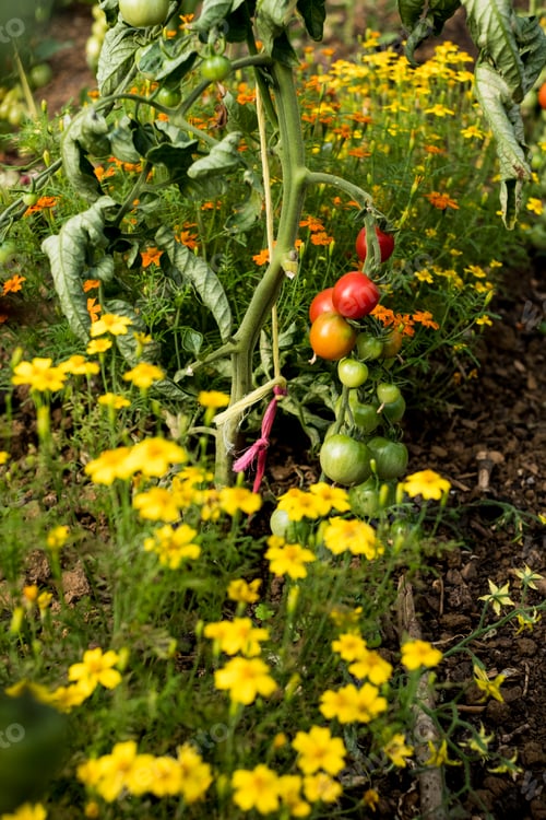 Preview: High angle close up of yellow flowers and green and ripe tomatoes on the vine.