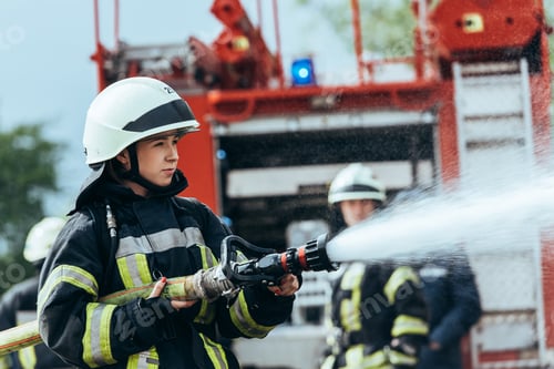 Preview: female firefighter with water hose extinguishing fire on street