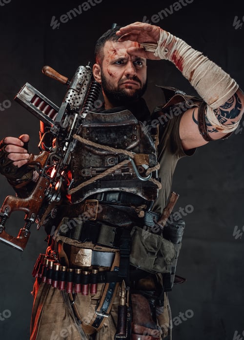 Preview: Looking deep survivor with bandaged arm in dark background
