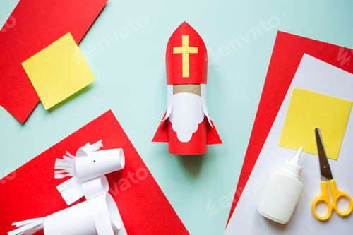 Preview: paper craft for kids. DIY toy Saint Nicholas and white horse for sinterklaas day.