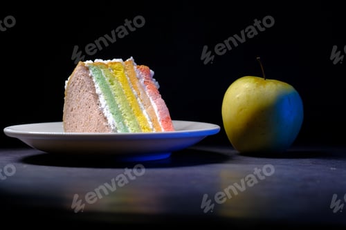 Preview: green apple and a bakery cake on black background