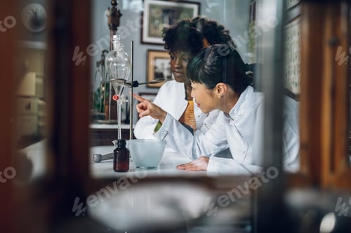 Preview: Interracial pharmacists are standing in a vintage pharmacy