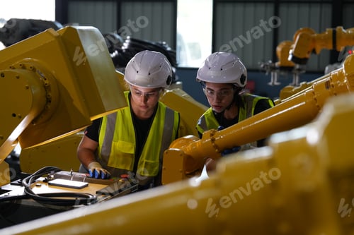 Preview: Robotics engineer working on maintenance of robotic arm in factory warehouse. Business technology.