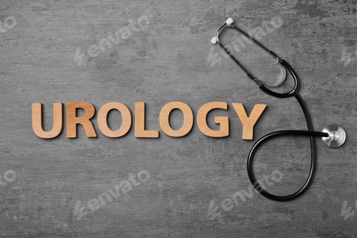 Preview: Word "UROLOGY" made with wooden letters and stethoscope on table, top view