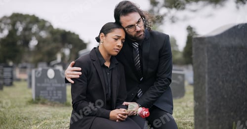 Preview: Sad couple, rose and graveyard in loss, grief or mourning at funeral, tombstone or cemetery. Man an