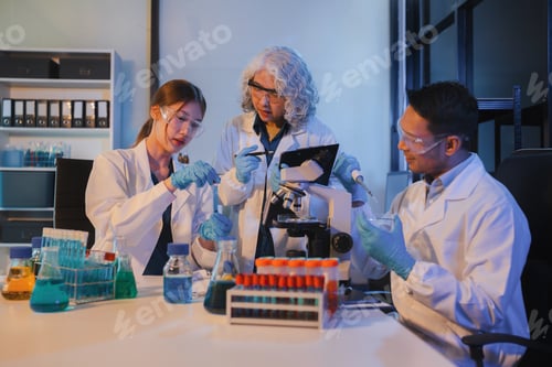 Preview: Scientist mixing chemical liquids in the chemistry lab.
