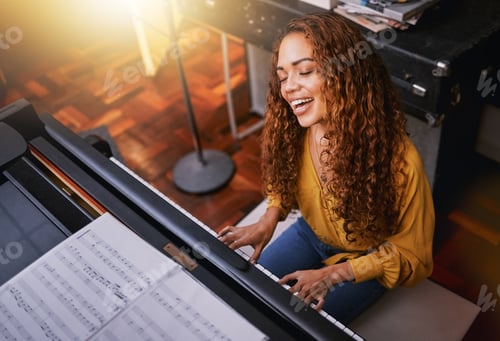 Preview: Musician, piano or singing woman in studio album recording, night performance or theatre practice f