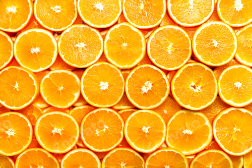 Preview: Fresh sliced orange fruit texture. Macro, top view, copy space, banner. Food frame. Juicy oranges