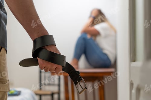 Preview: A man mistreating a woman with a belt