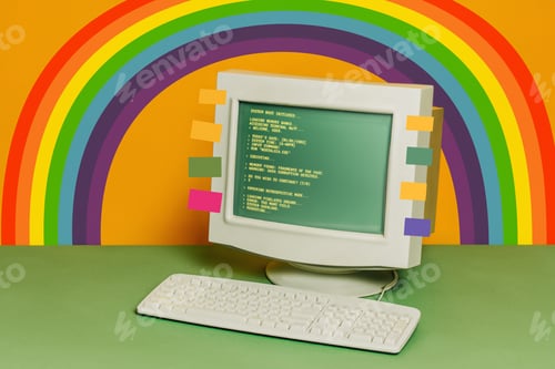 Preview: Stylish old PC with CRT monitor and keyboard on bright background
