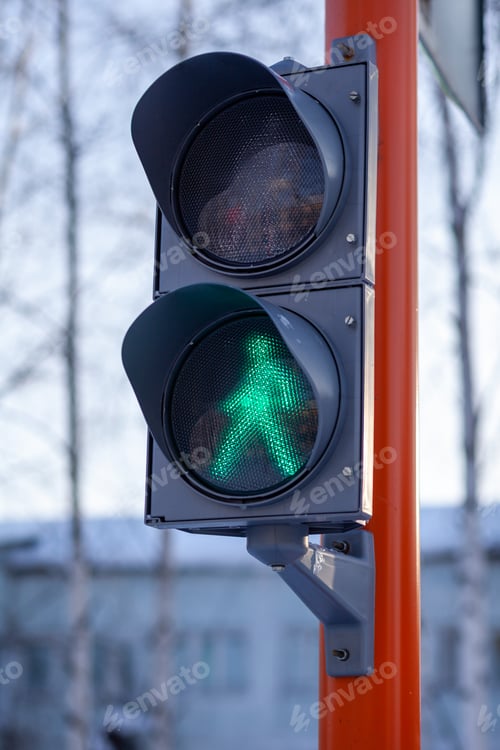 Preview: Green light on a pedestrian traffic light. Safe crossing of the road
