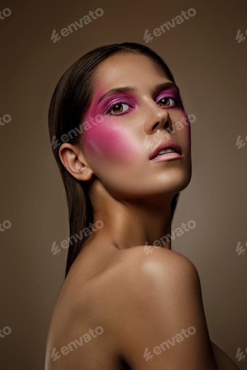 Preview: Fashion art skin woman face portrait closeup. Glamour shiny professional makeup girl with trendy