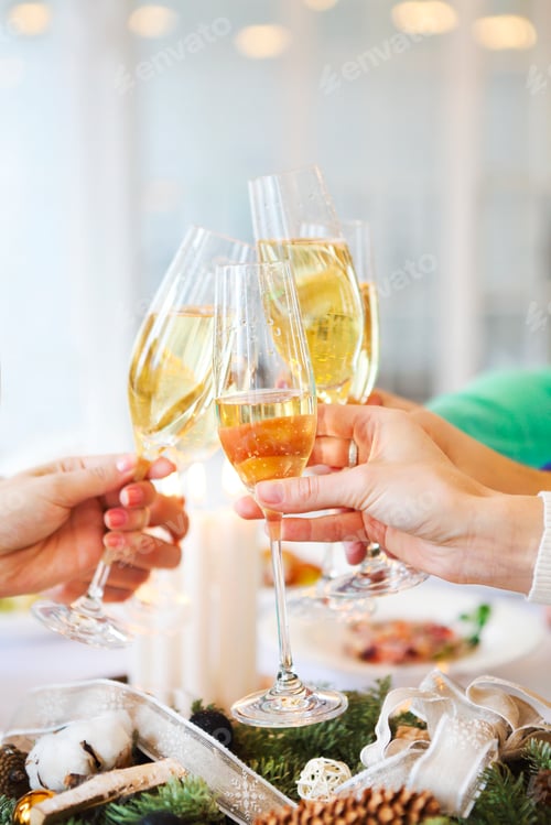 Preview: Group of friends toasting with champagne while having Christmas dinner