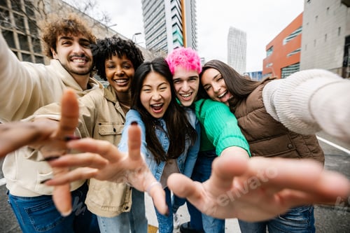 Preview: Young diverse friends reaching toward camera while taking selfie