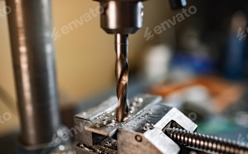 Preview: Drilling process with shavings close-up at the workplace in workshop