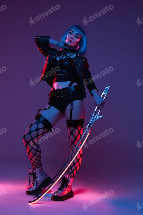 Preview: Trendy female fighter with blade against purple background