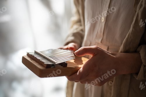 Preview: Kalimba ethnic musical instrument. Hands playing relaxation melody on metal keys, producing sounds.