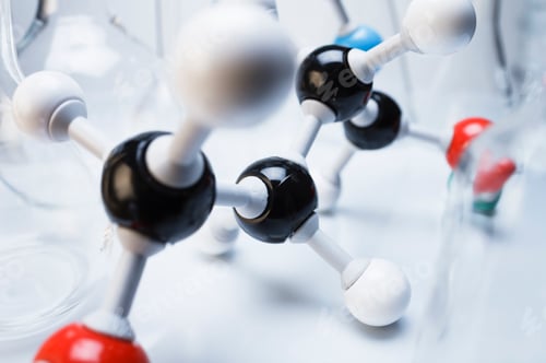Preview: Ball and stick molecular model and laboratory flasks