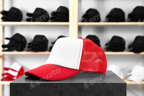 Preview: Blank red and white cap on black table in store. Mock up for design