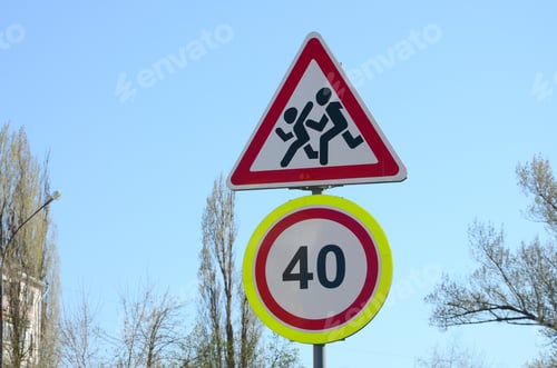 Preview: Road sign with the number 40 and the image of the children who run across the road