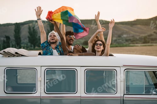 Preview: People with LGBT flag in van
